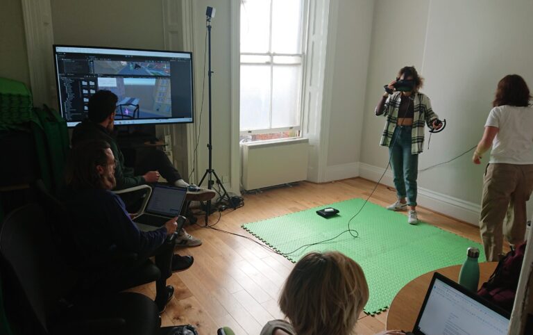 Artist Jasmine Thompson creates her first object with the freehand tool in VR, in a test session at the Zubr VR Studio.