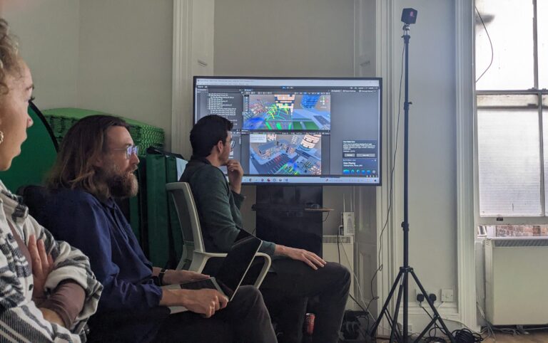 Zubr developer Jake Powell, Uninvited Guests member Paul Clarke and artist Jasmine Thompson evaluating the VR and desktop workflow