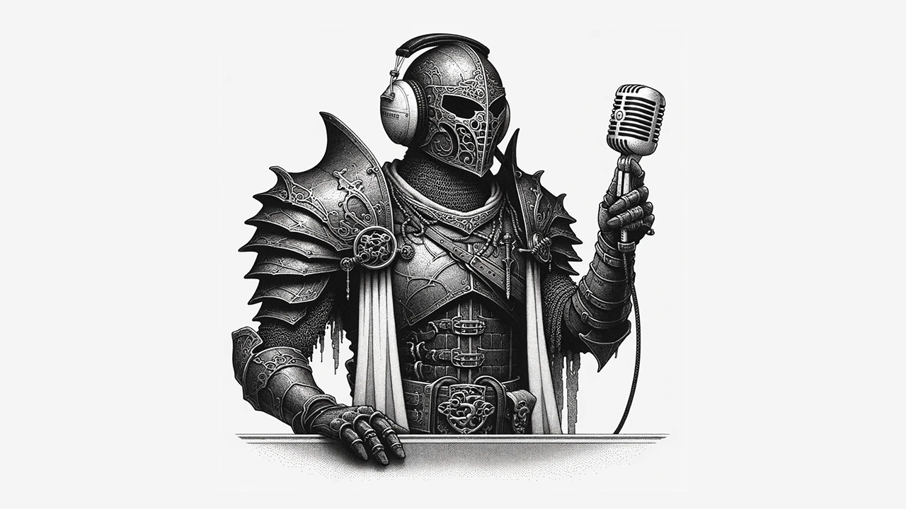 Knight in armour holding microphone