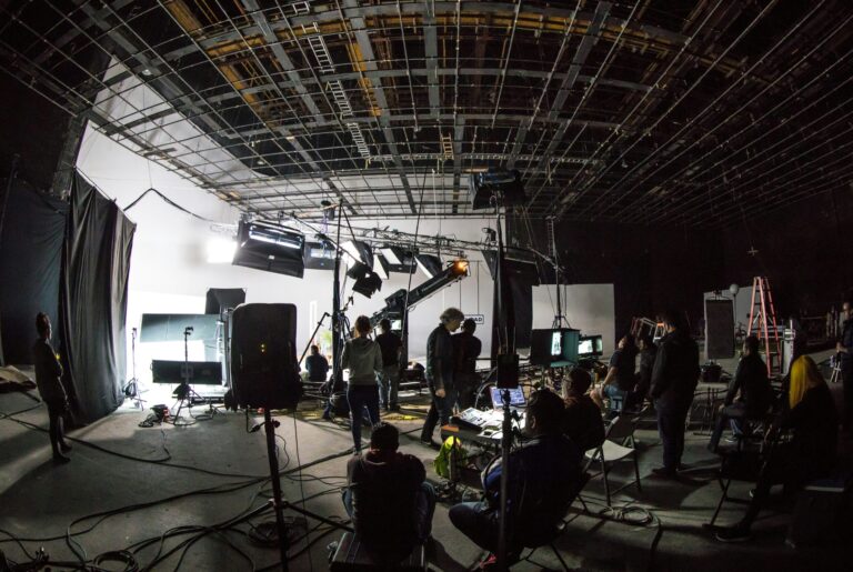 Film set studio photographed with fish eye lens
