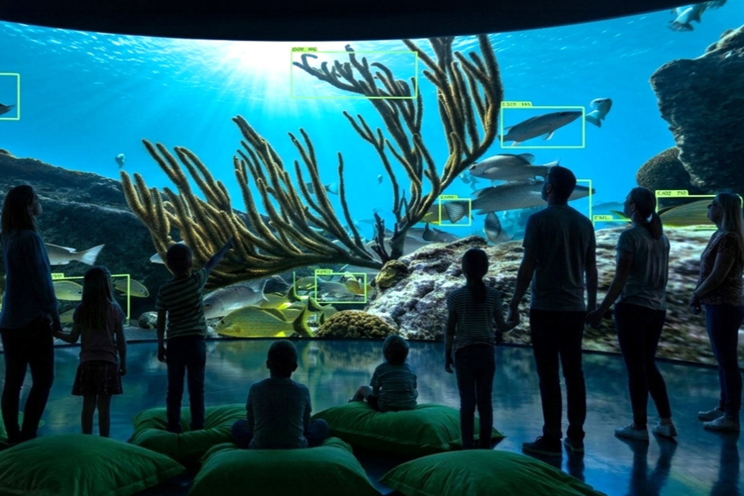 Silhouetted visitors in front of a wraparound underwater reef projection with species identification overlays.